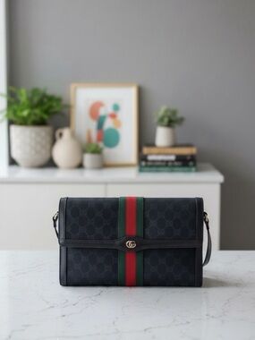 Gucci Black GG Supreme Messenger with Red and Green Web